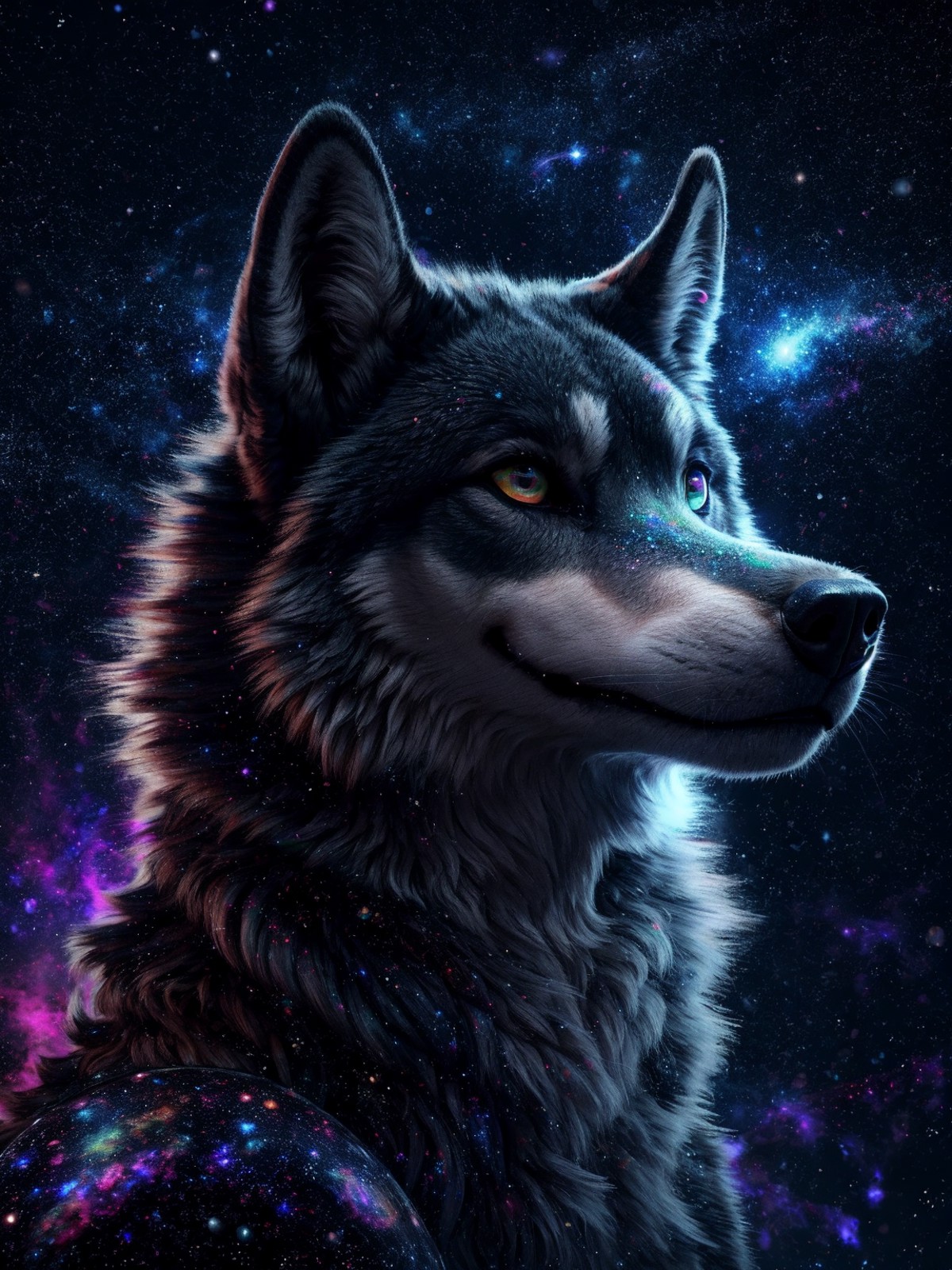 feral, wolf, energy, galaxies, spirals, space, nebulae, stars, smoke, iridescent, intricate detail, in the shape of a wolf...